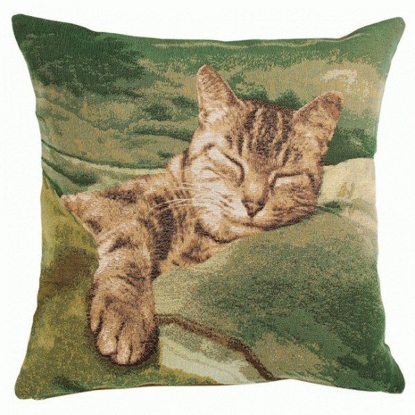Купить Подушка декоративная Спящая кошка (большая, зеленый фон)