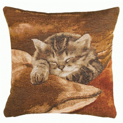 Подушка декоративная Спящий котенок (малая, коричневый фон)